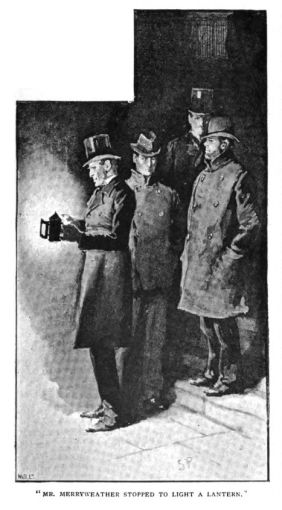 Victorian illustration of Mr. Merryweather lighting a lantern in the dark bank cellar as the group waits in darkness for the thieves