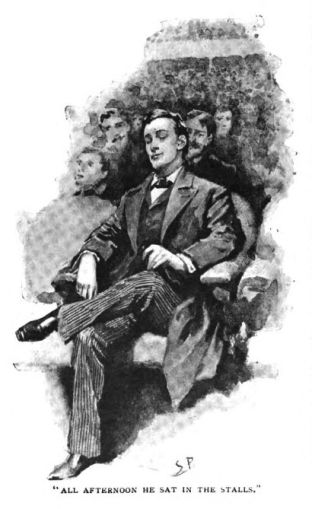 Victorian illustration of Holmes sitting in the concert hall stalls at St. James's Hall, enjoying Sarasate's violin performance