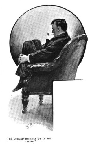 Victorian illustration of Sherlock Holmes curled up in his chair at Baker Street, deep in thought while smoking his pipe during this three-pipe problem