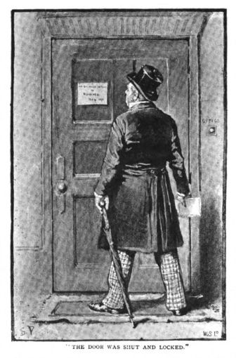 Victorian illustration showing Mr. Wilson discovering the closed and locked door of the Red-Headed League office with a dissolution notice posted