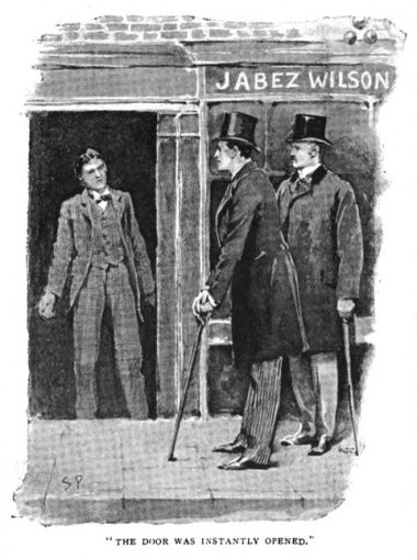 Victorian illustration showing the bright-looking young assistant Vincent Spaulding instantly opening the door when Holmes knocked at the pawnbroker's shop