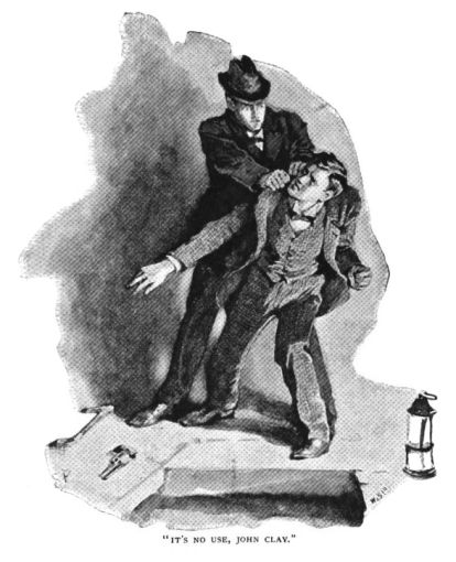 Victorian illustration of Sherlock Holmes capturing John Clay as he emerges from the tunnel in the bank cellar, with Inspector Jones grabbing his accomplice