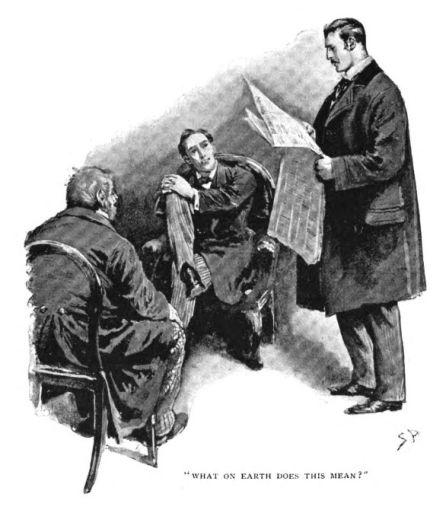 Victorian illustration showing Sherlock Holmes carefully examining Mr. Wilson while Watson and Wilson look on in Holmes' Baker Street study