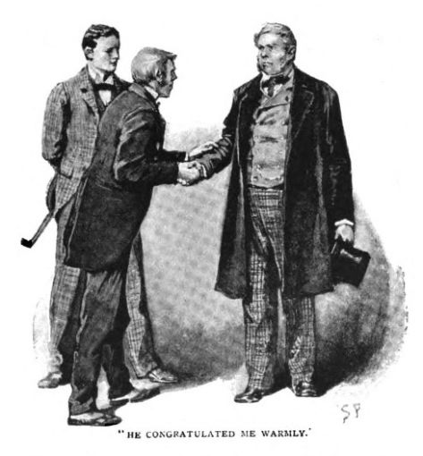 Victorian illustration of Duncan Ross congratulating Mr. Wilson after examining his red hair at the offices of the Red-Headed League