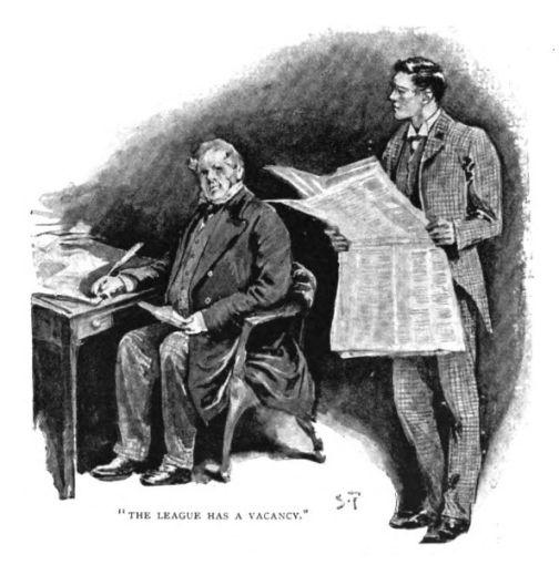 Victorian illustration depicting Fleet Street and Pope's Court filled with dozens of red-headed men responding to the League advertisement