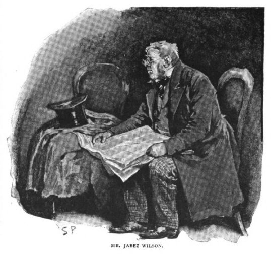 Victorian illustration of Mr. Jabez Wilson, a stout gentleman with striking fiery red hair, wearing a frock-coat and waistcoat